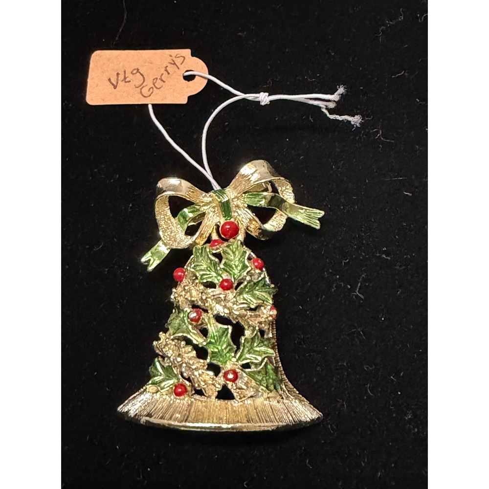Vintage Gerrys Christmas Bell Brooch Gold Tone Holly Berry Enamel Holiday Pin‎